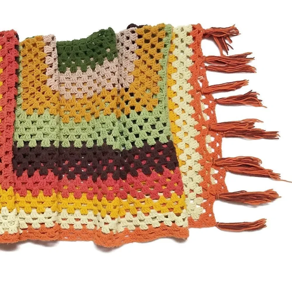 VINTAGE 1970s Handmade Crochet Fall Fringe Granny Square Afghan Throw Blanket